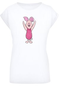 Hvit t-skjorte med korte ermer som har en tegneseriefigur av en gris med rosa ører og stribet kropp. Glatt bomullsstoff med rund halsutskjæring.
