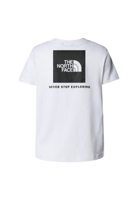 Tricou alb din bumbac cu mâneci scurte, având pe spate un grafic pătrat negru cu inscripția "THE NORTH FACE" și "NEVER STOP EXPLORING."