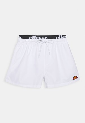 Valged ujumispüksid musta elastse vöökohaga, millel on "ellesse" logo, nöörlee ja küljes mitmevärviline plekk.