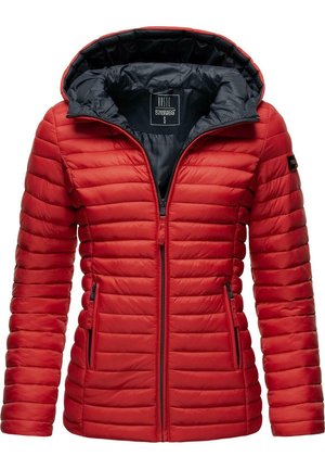 Giacca rossa gonfiabile con cerniera anteriore completa, cappuccio e tasche laterali. Presenta un trapuntato orizzontale e un rivestimento interno nero a contrasto.