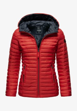 Červená nadýchaná bunda so zipsom po celej dĺžke, kapucňou a bočnými vreckami. Obsahuje horizontálne prešívanie a kontrastnú čiernu podšívku.