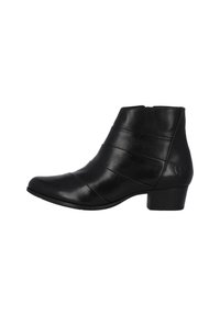 Botines de cuero negro hasta el tobillo con puntera ligeramente puntiaguda, que presentan paneles cosidos horizontalmente y un tacón bajo y cuadrado.