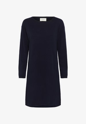 Navy blue long-sleeve dress with a round neckline, made from a soft fabric, featuring a relaxed fit and a slightly curved hem.