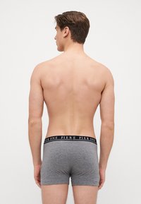 Graue Boxershorts mit einem schwarzen Bund, auf dem der Markenname "PIER ONE" in Weiß steht. Das Material scheint weich und dehnbar zu sein. Der Rücken des Models ist zu sehen.