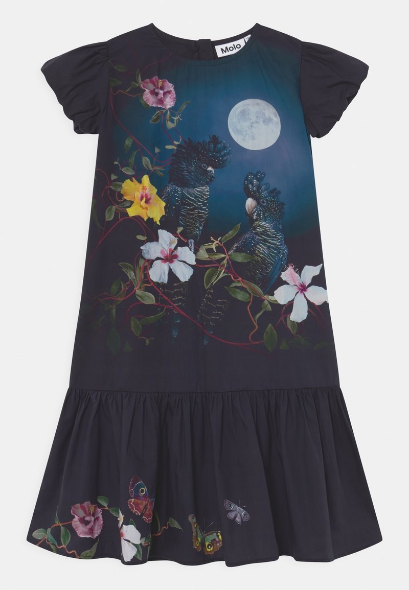 Robe navy avec un imprimé graphique de deux oiseaux, des fleurs et une lune, dotée de manches bouffantes et d'un ourlet à volants. Détails décoratifs de papillon en bas.