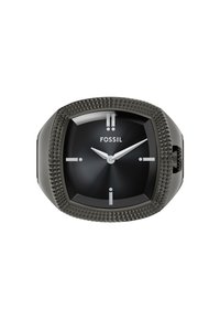 Montre en quartz noire avec un cadran octogonal, une lunette texturée gris foncé et des aiguilles des heures et des minutes argentées. Affiche le logo "FOSSIL" à 12 heures.