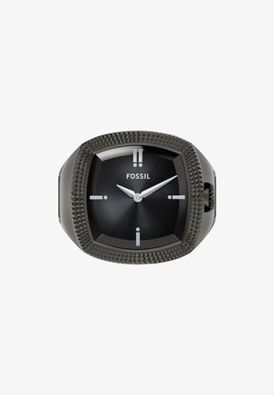 Montre en quartz noire avec un cadran octogonal, une lunette texturée gris foncé et des aiguilles des heures et des minutes argentées. Affiche le logo "FOSSIL" à 12 heures.