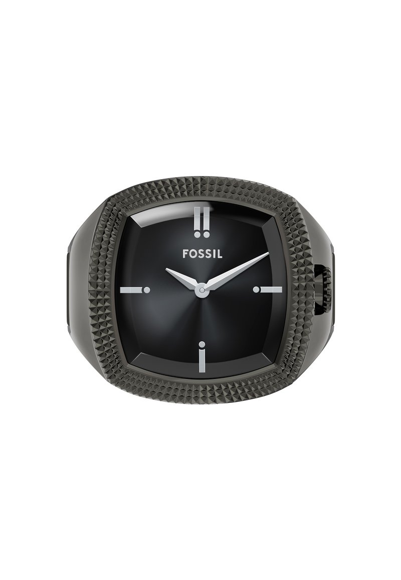Montre en quartz noire avec un cadran octogonal, une lunette texturée gris foncé et des aiguilles des heures et des minutes argentées. Affiche le logo "FOSSIL" à 12 heures.