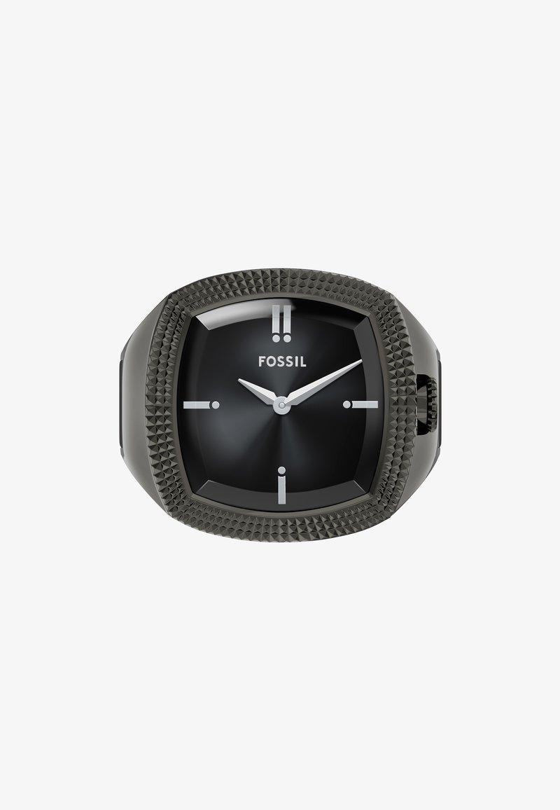 Reloj de cuarzo negro con una caja octagonal, bisel texturizado de color gris oscuro y manecillas de horas y minutos plateadas. Tiene el logo "FOSSIL" en la posición de las 12 en punto.