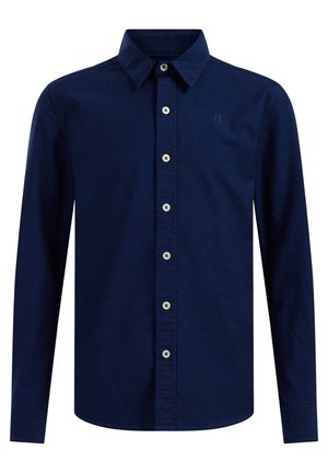 Marineblaue langärmlige Hemdbluse mit Kragen, sechs weißen Knöpfen auf der Vorderseite und dezentem Logo auf der linken Brust.