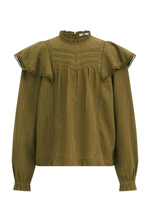 Olivgrüne Bluse mit Rüschenärmeln, strukturiertem Stoff, hohem Kragen und feinen Spitzenverzierungen entlang der Nähte und Manschetten.