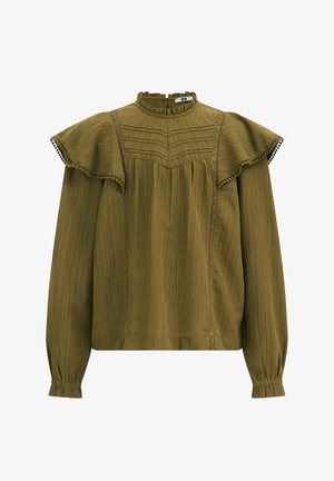 Olivgrüne Bluse mit Rüschenärmeln, strukturiertem Stoff, hohem Kragen und feinen Spitzenverzierungen entlang der Nähte und Manschetten.