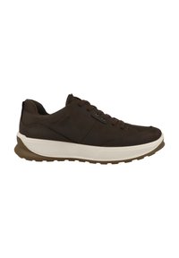 Brązowy skórzany sneaker z białą grubą podeszwą, z przodu sznurowany, z teksturowaną gumową podeszwą, pokazany od wewnętrznej strony.