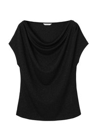 Sort top med draperet halsudskæring og korte ærmer. Fremstillet af et tekstureret stof med en subtil glans over det hele. Stilen er løs pasform.
