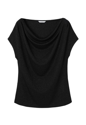 Čierny top s drapovaným výstrihom a krátkymi rukávmi. Vyrobený z textúrovanej látky, ktorá má jemný lesk po celom povrchu. Strih je voľný.