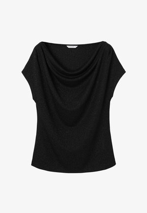 Černý top s draped výstřihem a krátkými rukávy. Vyrobeno z texturované látky, která má jemný lesk. Styl je volný.