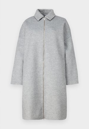 Harmaa villatakki, jossa on kaulus, täyspitkä vetoketju ja pitkät hihat. Pehmeä tekstiili ja polven alapuolelle ulottuva pituus. Minimalistinen muotoilu ilman koristeluja.