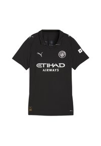 Sort Puma-trøje med klassisk krave, sølvfarvet "ETIHAD AIRWAYS" tekst, Manchester City logo og et fugttransporterende stof.