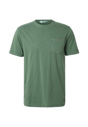 Groen T-shirt met korte mouwen en ronde hals, met een klein borstzakje met een ronde houten knoop.