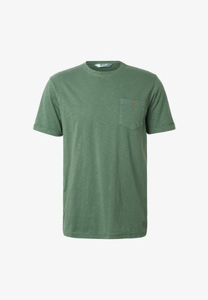 Žalia trumpomis rankovėmis marškinėliai su apvalia iškirpte ir maža krūtinės kišene, puošta apvaliu mediniu mygtuku.