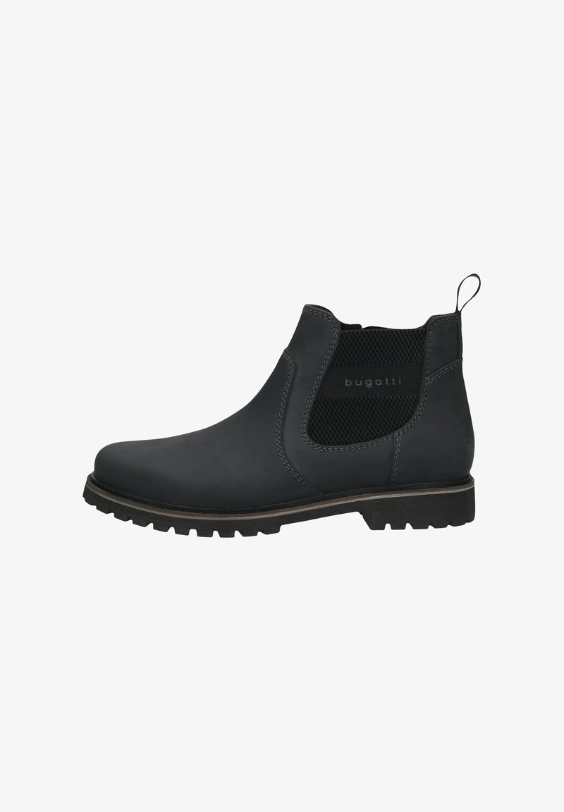 Schwarze Leder-Chelsea-Stiefel mit elastischen Seitenteilen, strukturiertem Stoff, Zugschlaufe und robustem Profil. Glatte Oberfläche und minimale Nahtdetails.