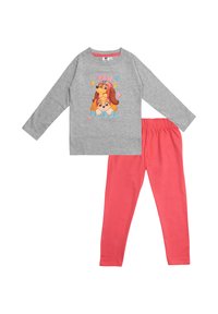 Top grigio a maniche lunghe con cani cartoon e dettagli rosa, abbinato a leggings rosa solidi con elastico in vita. Materiale in cotone morbido.