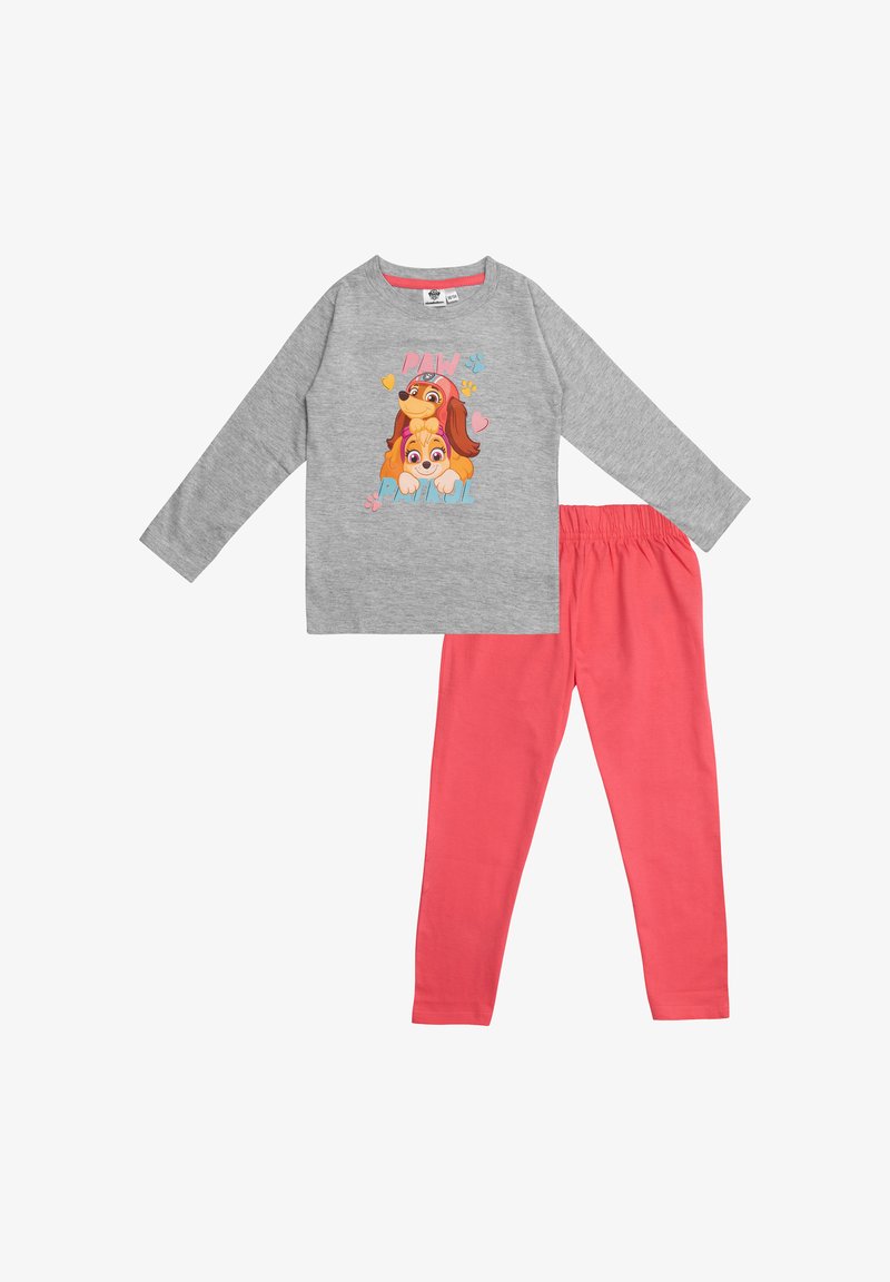 Top grigio a maniche lunghe con cani cartoon e dettagli rosa, abbinato a leggings rosa solidi con elastico in vita. Materiale in cotone morbido.