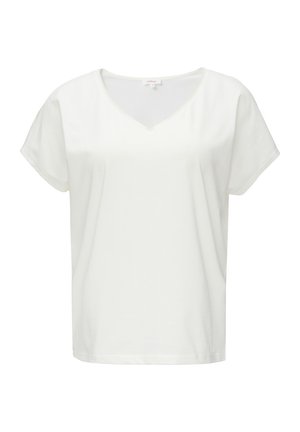 Witte V-hals t-shirt van zachte katoen. Korte mouwen, ontspannen pasvorm, gladde textuur, minimale stikdetails bij de halslijn. Eenvoudig en veelzijdig ontwerp.