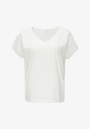 Weißes V-Ausschnitt-T-Shirt aus weicher Baumwolle. Kurze Ärmel, lockere Passform, glatte Textur, minimale Nahtdetails am Ausschnitt. Einfaches und vielseitiges Design.