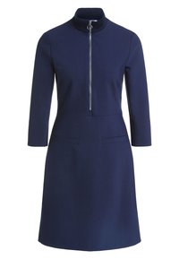 Marineblaues Kleid mit einem Fake-Kragen und einem Reißverschluss vorne. Verfügt über Dreiviertelärmel und zwei Vordertaschen. Glatter, leicht strukturierter Stoff.