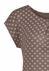 Braunes kurzärmeliges Oberteil mit einem floralen Muster in hellem Creme. Weicher Stoff mit lockerer Passform und rundem Ausschnitt.