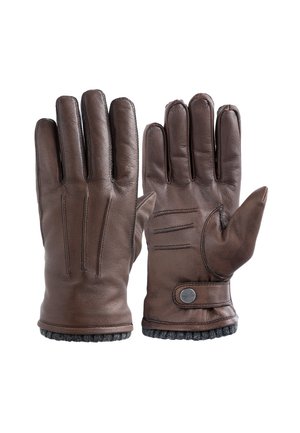 Rudos odinės pirštinės su penkiais pirštais, su siuvinėjimo detalėmis, apynasriu su mygtuku ir vilnos pamušalu riešo srityje papildomam šilumai.