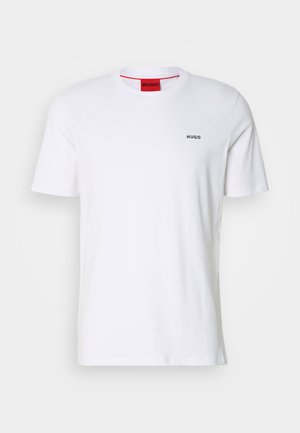 White cotton t-shirt with short sleeves, a round neckline, and small black "HUGO" logo on the left chest. Features red inner neck label.