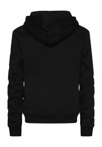 Sudadera negra con capucha que incluye un bolsillo tipo canguro, puños y dobladillo acanalados. Ajuste clásico con una textura suave, vista trasera mostrada.