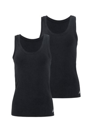 Zwei schwarze ärmellose Sport-Tanktops mit rundem Ausschnitt, auf weißem Hintergrund gezeigt, jeweils mit einem kleinen Adidas-Logo in der Nähe des Saums.