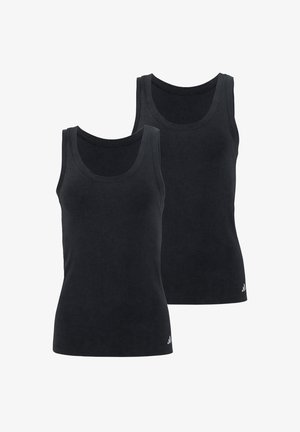 Deux débardeurs athlétiques noirs sans manches avec cols ronds, présentés sur fond blanc, chacun avec un petit logo Adidas près de l'ourlet.