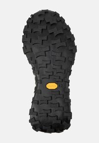 Black rubber outsole with deep treads, featuring a Vibram logo in yellow hexagon. Size 42 indicated. Textured surface for traction.