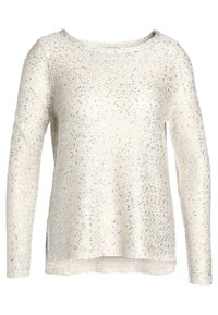 Suéter de punto color crema claro con mangas largas, lentejuelas plateadas brillantes, escote redondo y aberturas laterales en el dobladillo para un detalle adicional.