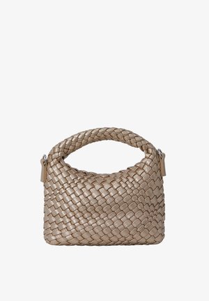 Woven-Handtasche aus hellbeigem Leder, mit einem runden Griff und einer kompakten rechteckigen Form, die eine glatte Textur und einen dezenten Glanz aufweist.