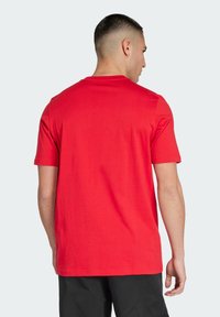 Rotes Baumwoll-T-Shirt mit kurzen Ärmeln, Rundhalsausschnitt und glatter Textur. Die Rückseite ist schlicht und hat keine sichtbaren Muster oder Akzente.