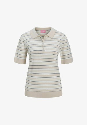 Stribet polo shirt i beige med korte ærmer, klassisk krave og knaplukning. Striberne skifter mellem lyse og mørke nuancer.