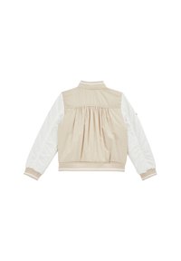 Smėlinis bomberio švarkas su baltais išklotais rankovėmis, elastiniu juosmeniu ir ribotais rankogaliais. Yra surinkta nugarinė dalis, suteikianti laisvą prigludimą.