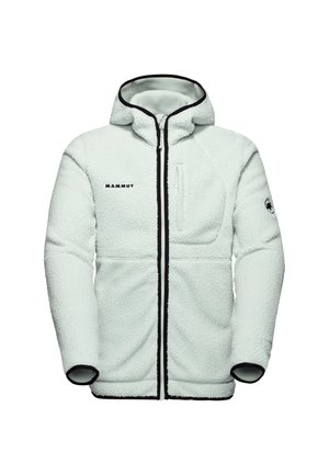Fleecejack in licht mintgroen met zwarte accenten. Heeft een hoge kraag, voorrits en een borstzak. Zachte, gestructureerde stof.