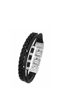 Pulsera de cuero negro con textura trenzada, con acentos de acero inoxidable y detalles entrelazados. Múltiples bandas de diferentes anchos.
