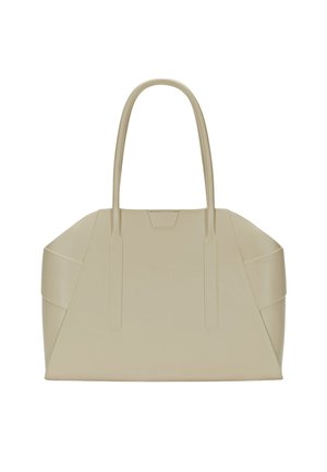 Borsa tote in pelle beige con un design strutturato, caratterizzata da due manici lunghi e cuciture angolari per un tocco di texture e interesse visivo.