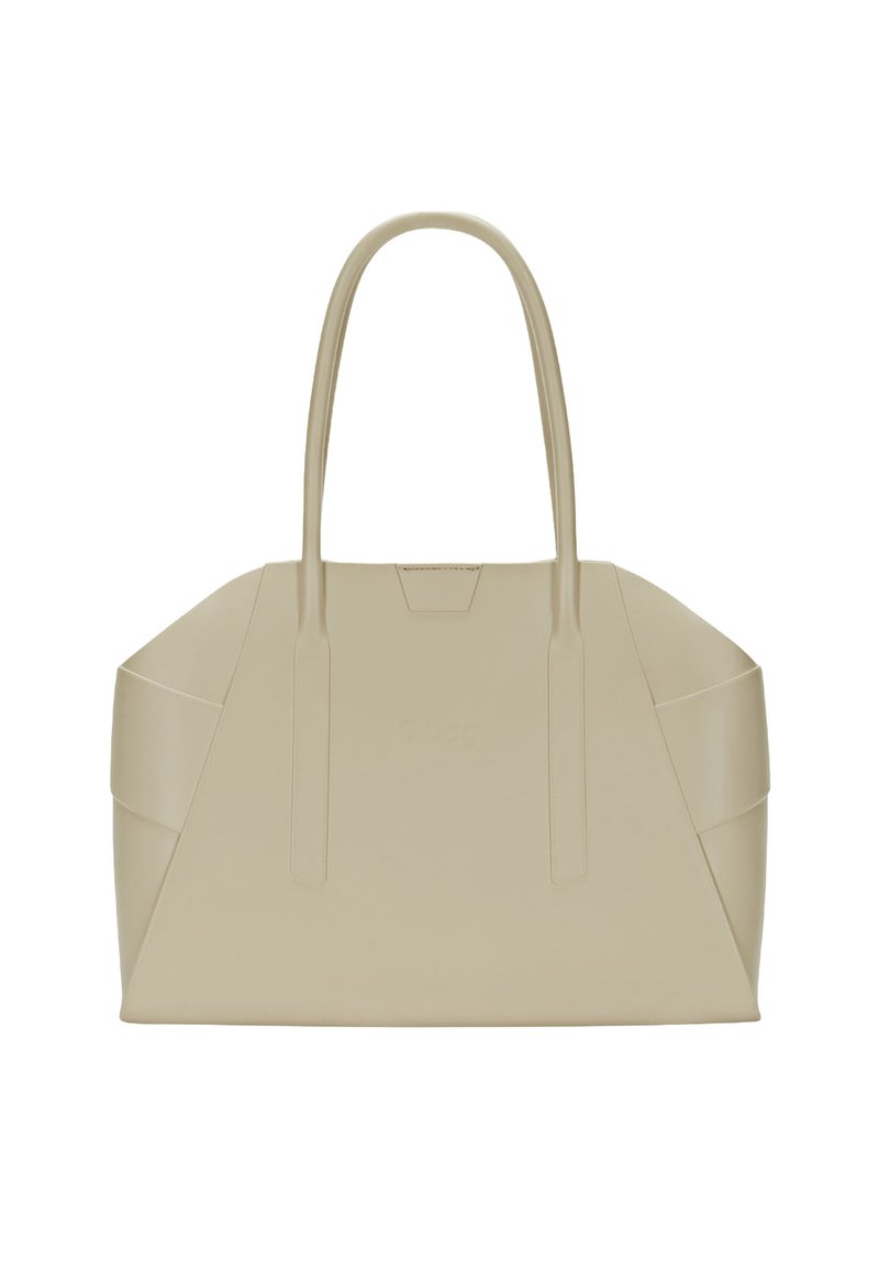 Beige Leder-Tote-Bag mit strukturiertem Design, ausgestattet mit zwei langen Griffen und kantigen Nähten für zusätzliche Textur und visuelles Interesse.
