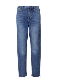 Denim traperice s ravnim nogavicama, srednje plave boje s blagim izbljeđenjem, pet džepova i kopčom na gumbe u struku.