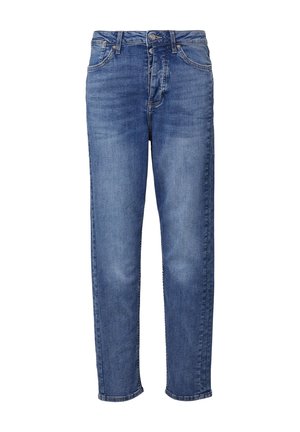 Jean en denim avec une coupe droite, couleur bleu moyen avec une légère décoloration, cinq poches et une fermeture à bouton à la taille.