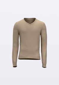 Pull beige à col en V en tissu tricot fin, avec manches longues, poignets et ourlet côtelés. Texture lisse avec une couleur unie.