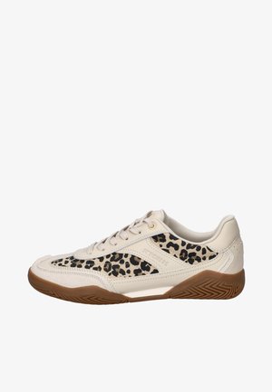 Beige low-top sneaker with leopard print panels, lace-up front, and brown textured rubber sole, designed by Skechers.